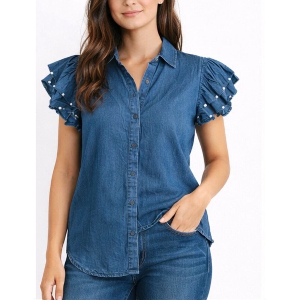 Inner Circle chambray denim ruffle pearl sleeve blouse s